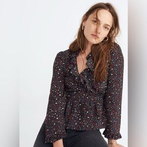 Madewell Silk Ruffle-Hem Wrap Top in Starry Night.
